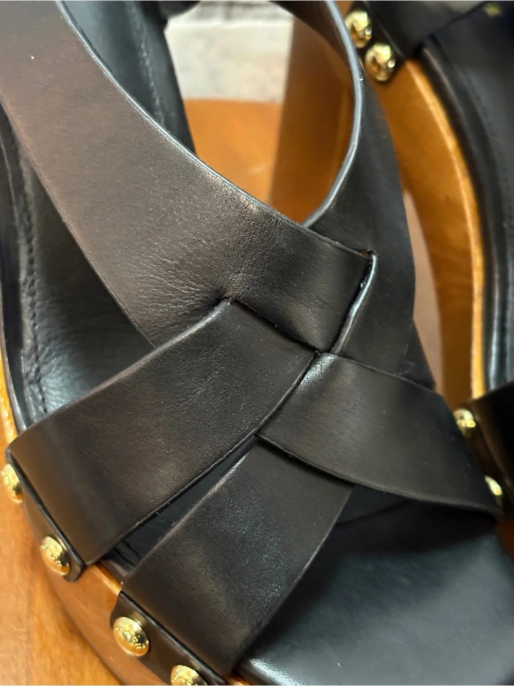 Coach Black Leather Platform Sandals with Wood-Effect Heel and Gold Studs